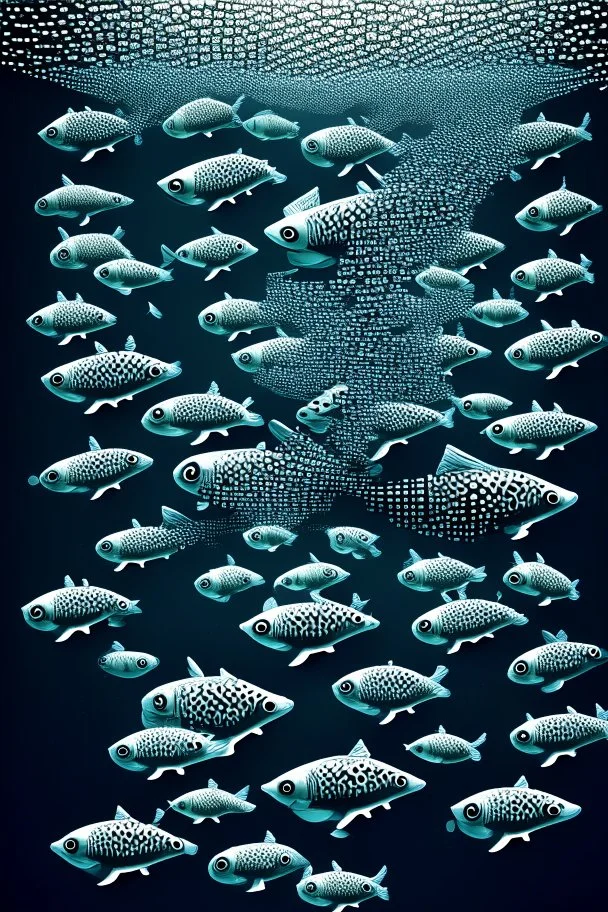 a school of ASCII fish swimming by; artwork of a school of fish made with English computer keyboard characters