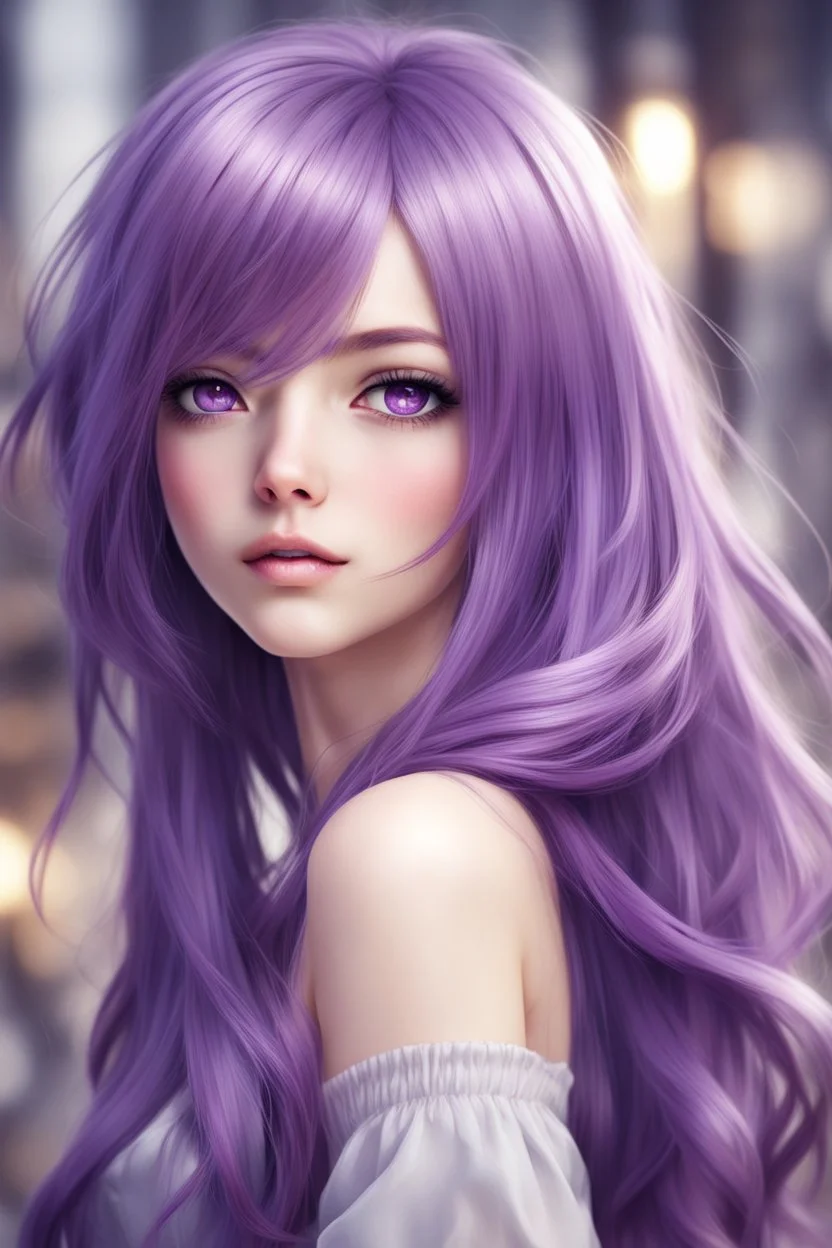 beautiful young woman with long purple hair style anime