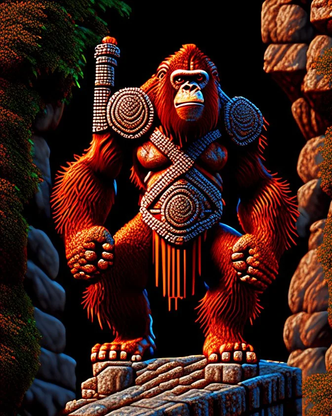 Orangutan Assassin Gothic symmetrical design standing on the edge of a cliff frontal view full body full arms full legs full head full pixel art hyper-detailed hyper-realistic full legs 8k