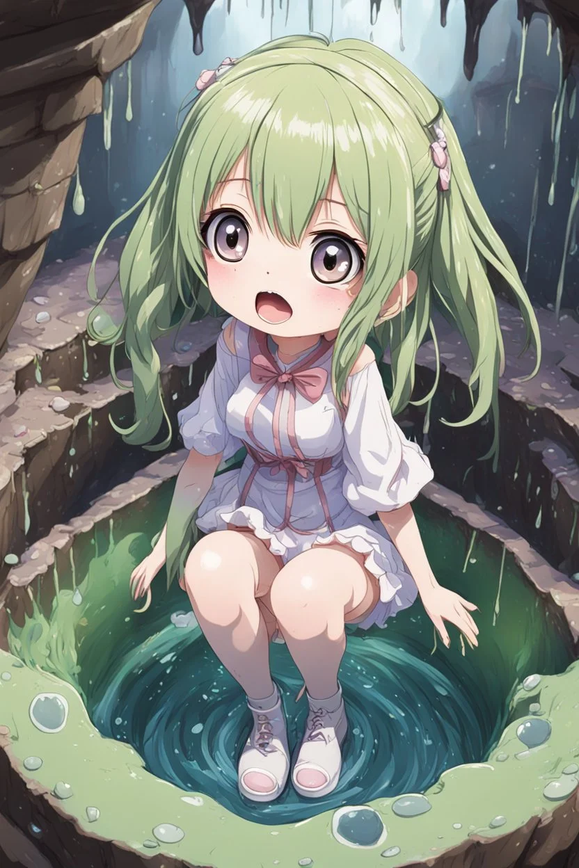 Anime girl with big eyes, fullbody, slime, the perspective looking up from the bottom of an empty well, rolling eyes, tongue out, tears drip, open mouth,