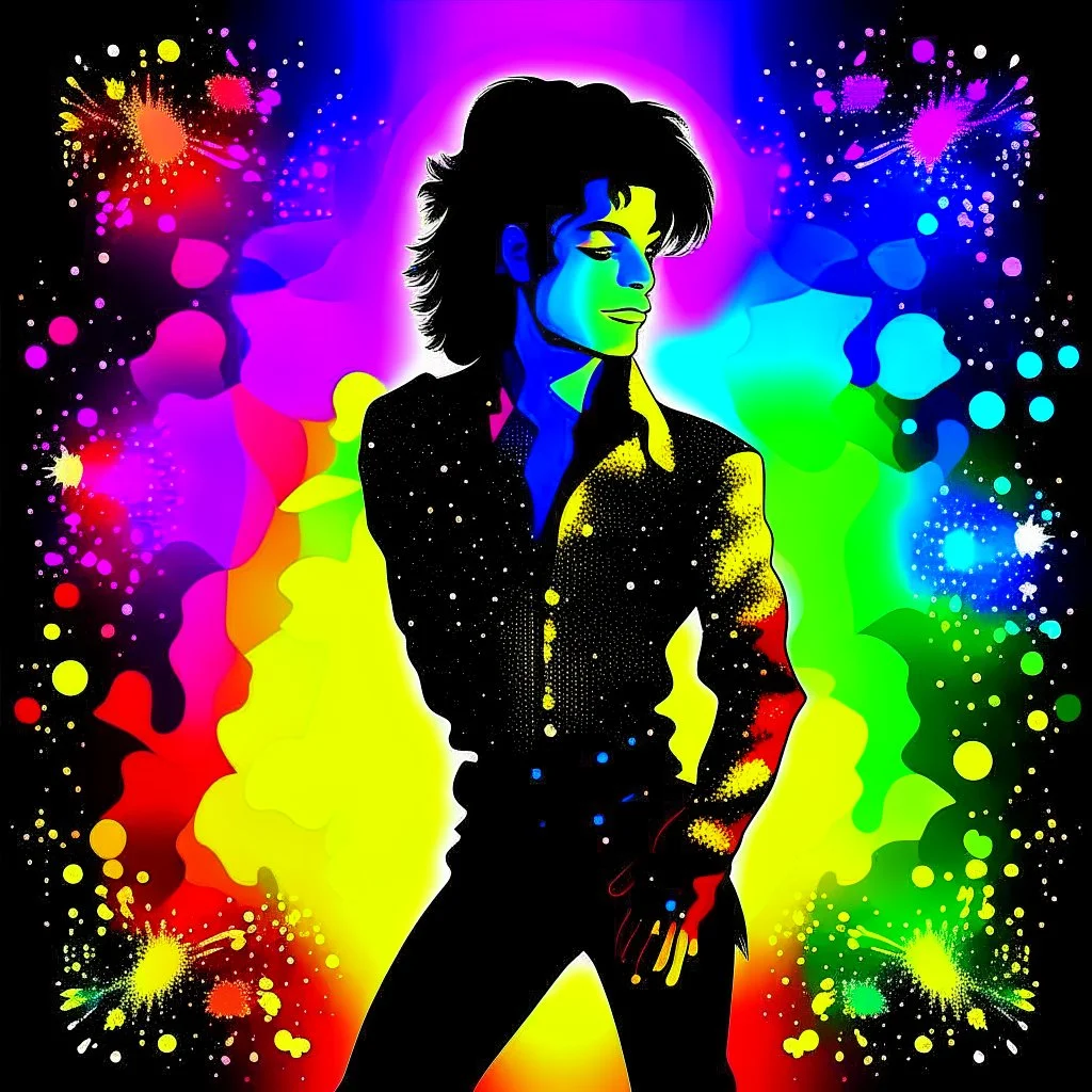 psychedelic colorful silhouette, Michael Jackson dancing profile, prismatic stardust background