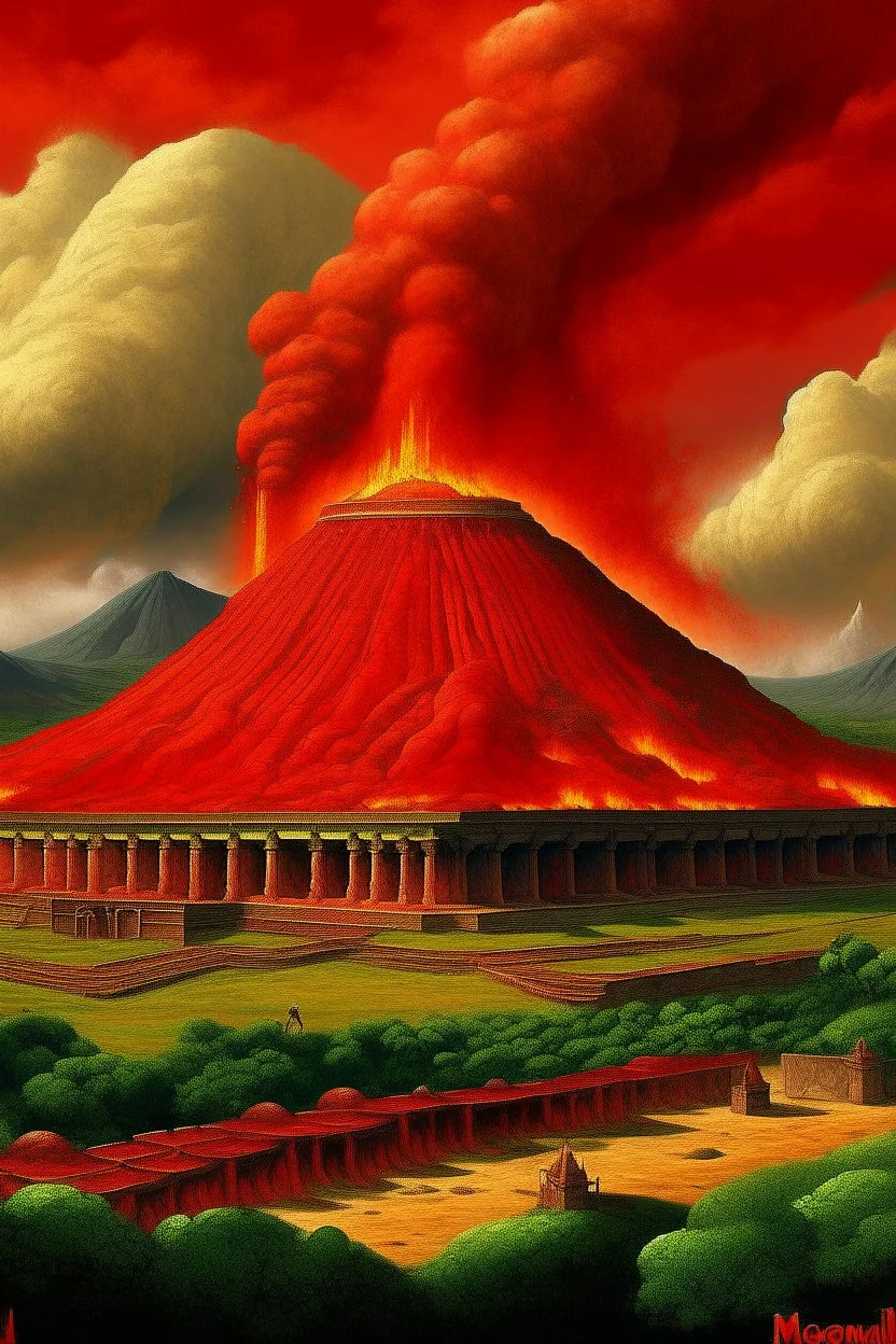 A red pyroclastic palace near a volcano designed in Mayan architecture painted by Jeffrey Kolker
