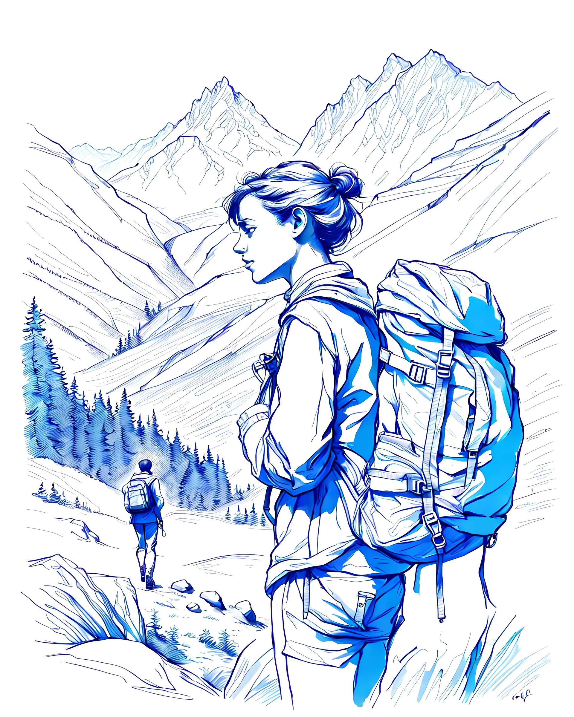 traveler young man and woman with backpack ,small mountain background, Drawing with a blue ink pen Inspired by the works of Daniel F. Gerhartz, with a fine art aesthetic and a highly detailed, realistic style