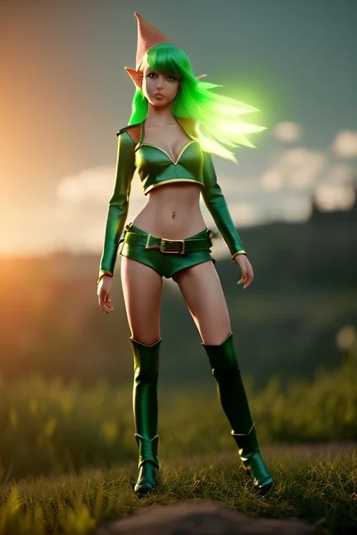 Cute elf girl, green and yellow hair, nighttime background, normal body, leather attire