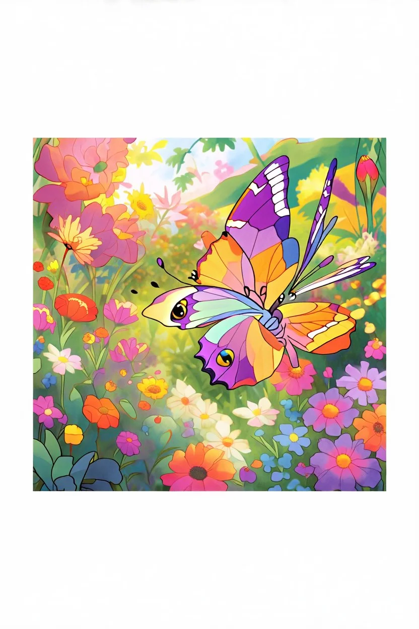 a striking purple butterfly flying by,colorful garden background , child book illustration style, faces must be the same as reference image