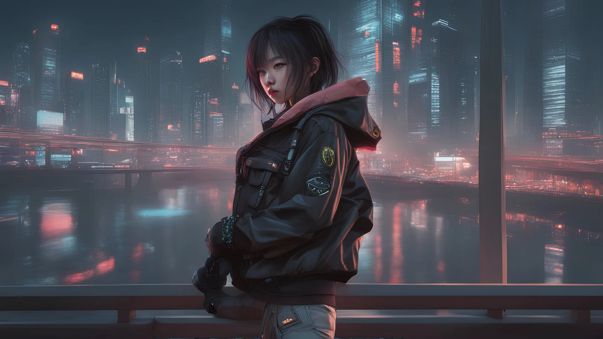 4k, hyper-realistic, Ultra-HD, Ray-tracing, cyberpunk, cybernetics, Asian, Female, short, jacket, carrying pistol, hacker, night time, bright signs, lively city, desktop wallpaper, cute