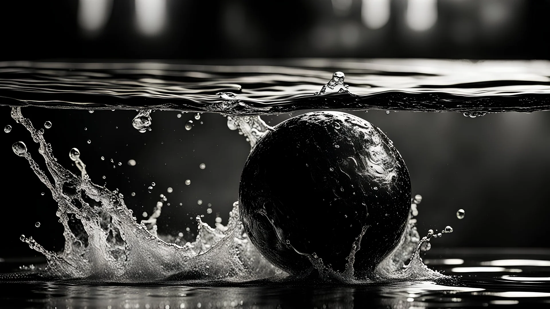 close up of ball plunging in water, splashing, hyper realistic, big contrast , black and white