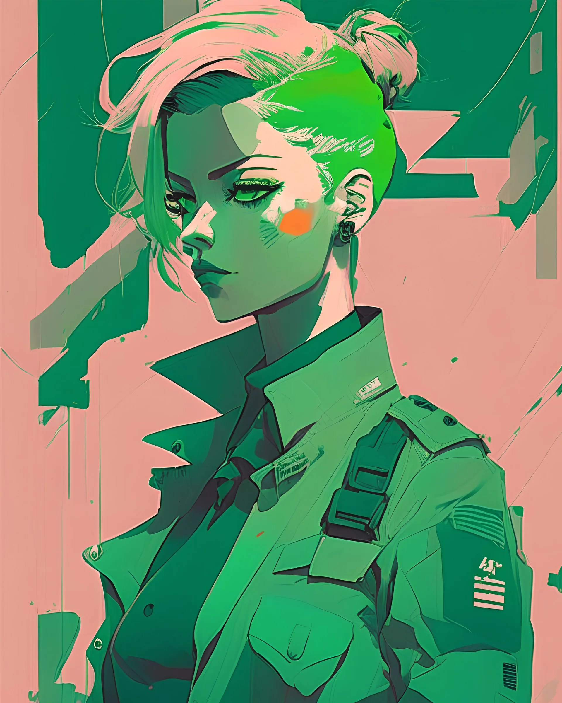 independent business woman, style of laurie greasley, james gilleard, genshin impact, trending pixiv fanbox, acrylic palette knife, 4k, minimalistic, few colors, green color, minimalistic background, devinart, trending on artstation, low details