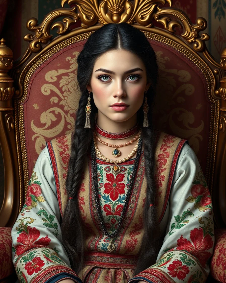 A stunning Native American woman with porcelain skin, high cheekbones, and piercing green eyes, dressed in a traditional embroidered sarafan, sits regally in a lavish, ornate chair, surrounded by opulent fabrics and gold accents, as if plucked from a 19th-century Russian aristocratic portrait, rendered in exquisite hyper-realistic detail, with the rich textures and subtle play of light and shadow characteristic of a masterful oil painting, reminiscent of the works of Ivan Kramskoi, Zinaida Sereb