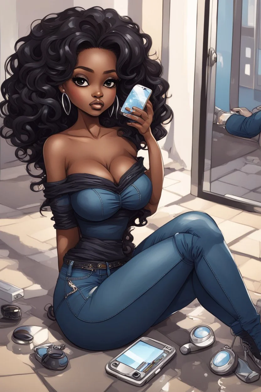 Create a futurism magna art of a black chibi curvy female sitting on the floor looking at herself in a hand mirror. She is wearing tight blue jeans and a black off the shoulder blouse. Prominent make up with lush lashes. Highly detailed long wavy hair. She is also wearing silver large hoop earringsart of a black chibi curvy female sitting on the floor looking at her cell phone. She is wearing tight blue jeans and a black off the shoulder blouse. Prominent make up with lush lashes.