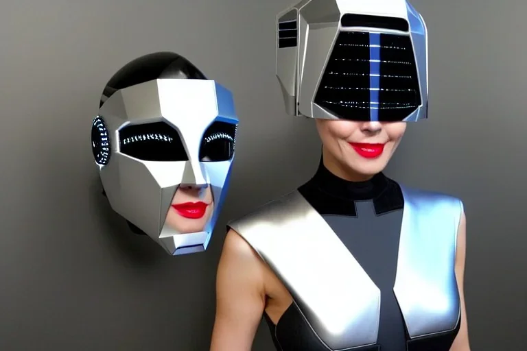 Technological utopia, singularity. Machine, fake smile, staring eyes. 3D-tiling on the adaptive background. Lightly armored, haughty cyborg. Cyber-punk full-mask. Lay figure woman is mischievous. Insane. Repugnant behavior towards a human. tippets. Haute Couture 1996. Light right. Colors are silver, black, Cyan. Huge headphones. golden rings & disc. Thick tights Thick calves Curved fell Wide hip. Secretly wears off the helmet, reveals ugly old hag. Grotesque. Delicatessen Clockwork Orange Joker