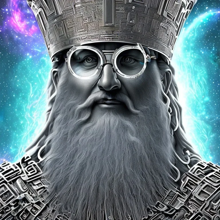 photo realistic, symetrical, centered, ultra detailed, digital art, in center is a portrait of highly detailed greek colossus god zeus wearing futuristic high tech rave glasses surrounded by galaxy codes seeking knowledge, gray beard, crown filled with crystals, detailed face with human skin color, eyes filled with galaxy, dominating colors = gray light blue and dark gold, lightning, smoke,