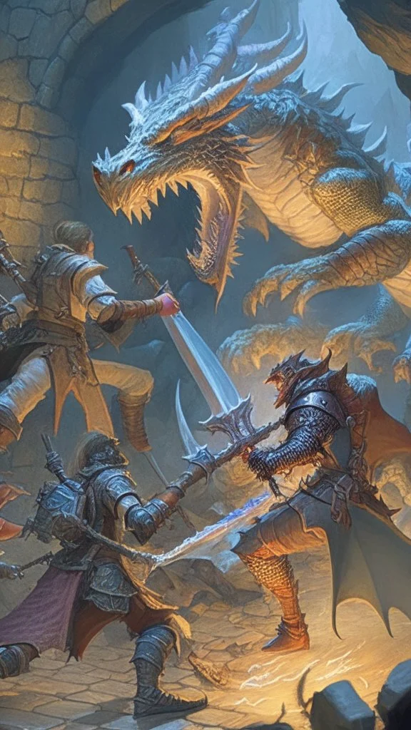 detailed rpg group fighting a dragon