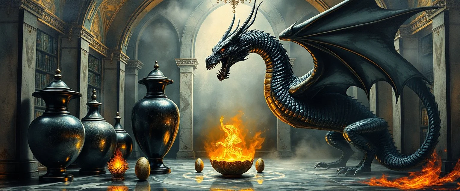 master oil painting by Escher and Giger, glaring vases and black humanoid reflective female dragon and hidden golden dragon inside marble hall library, cryptic eggs, sacred geometry, fire fog and steam border