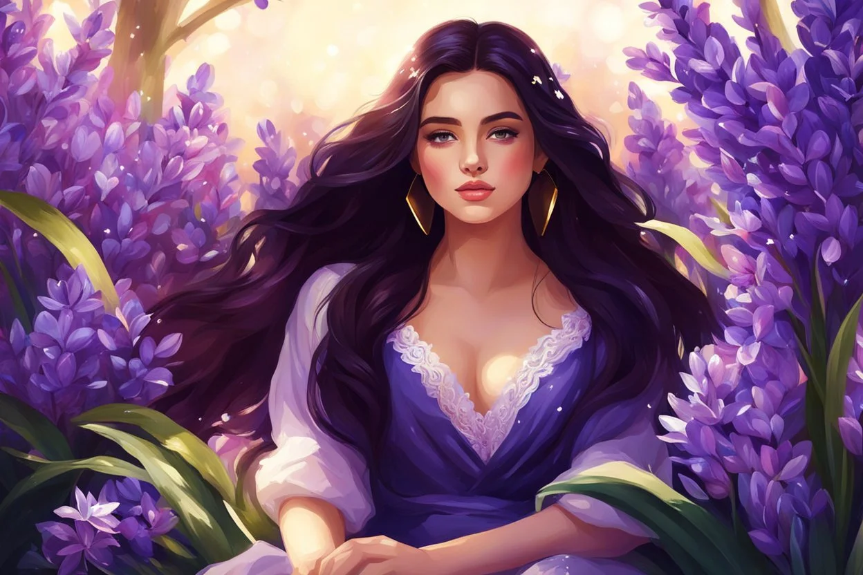 A beautiful girl is sitting surrounded by full of hyacinth flowers, long dark hair, sparkling eyes, digital painting style, high quality