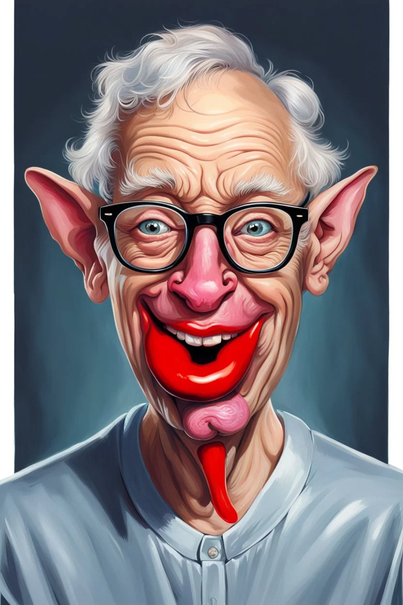 half grey haired half bald Bill Gates with a gremlin cow with big lipstick mouth, big lips