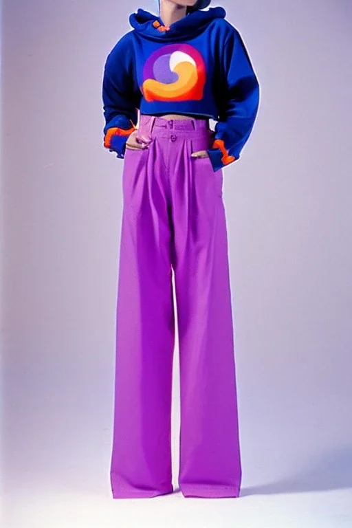 year 1990's women fashion. Karjalainen kuvio, Karjala, "summer combat suit trouser" with low waist, baggy, Combat pants, t-shirt and interesting hoodie with high tippet integrated to bolero. Colors: denim blue, blue, purple, khaki, "pastel light green", lilac, plum, orange, terracotta, red, pink, dark blue, beige. Women models. Starling pattern prints.Jennifer Lopez, Gwyneth Paltrow. intgrated bag. Big tennis shoes on. Cargo pants. Hat with a visor, integrated to AKG-style headphones.