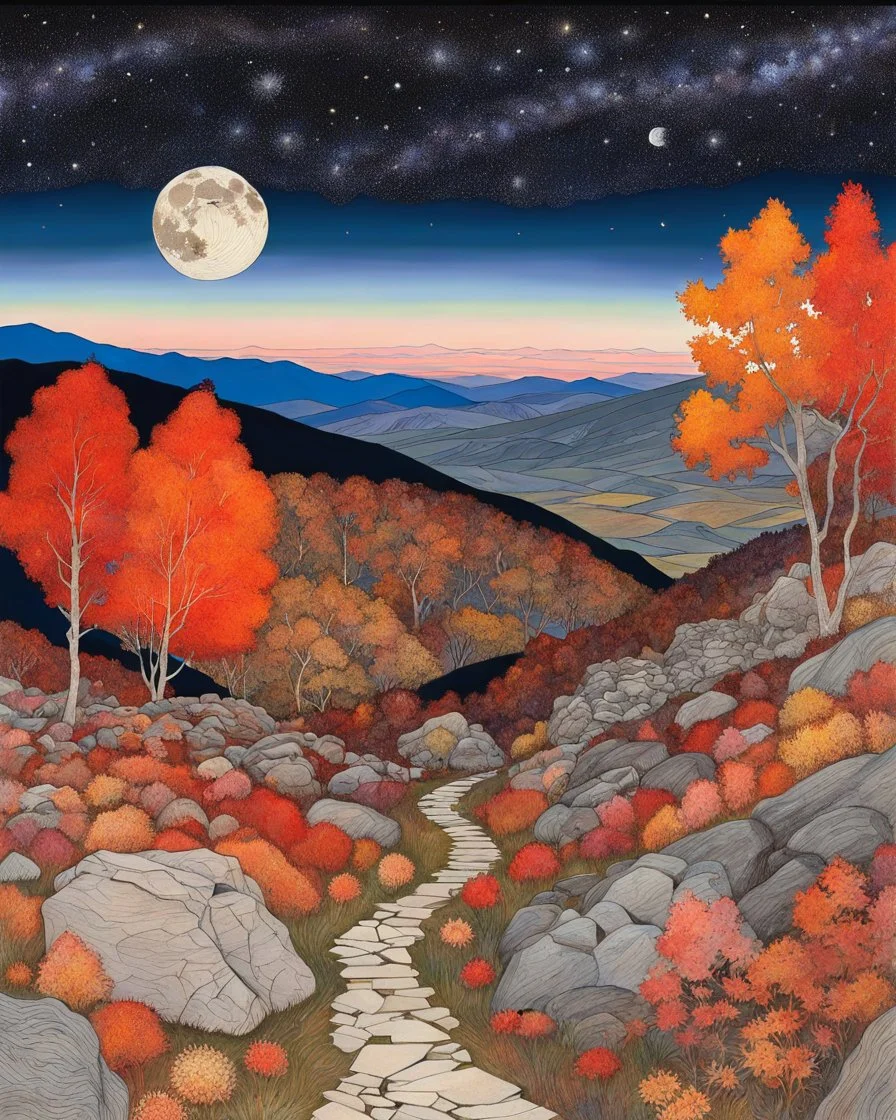 Autumn colors, peaceful, Egon Schiele, Max Ernst, night sky filled with galaxies and stars, rocks, trees, flowers, one-line drawing, sharp focus, 8k, deep 3d field, intricate, ornate, one million strokes