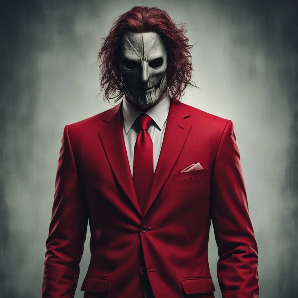 a sinister figure wearing a red suit with a red tie with no face and dirty hair