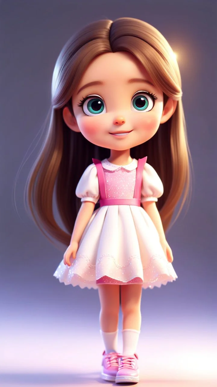 A beautiful, adorable cartoon little girl. Long shiny hair, large sparkling eyes (like anime or Disney characters), a small face and delicate nose. A happy, innocent expression with a small smile standing in modern stage with prettyy shoes. Clean design, vibrant and warm colors, modern studio animation style, 4K quality.