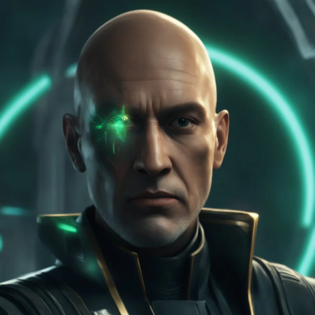 star wars bald male corellian jedi pilot wearing gunmetal grey and black old republic armored robes with gold trim inside the jedi temple holding a lightsaber with viridian green blade in left hand, centered head and shoulders portrait, hyperdetailed, dynamic lighting, hyperdetailed background, 8k resolution, volumetric lighting, light skin, fully symmetric details