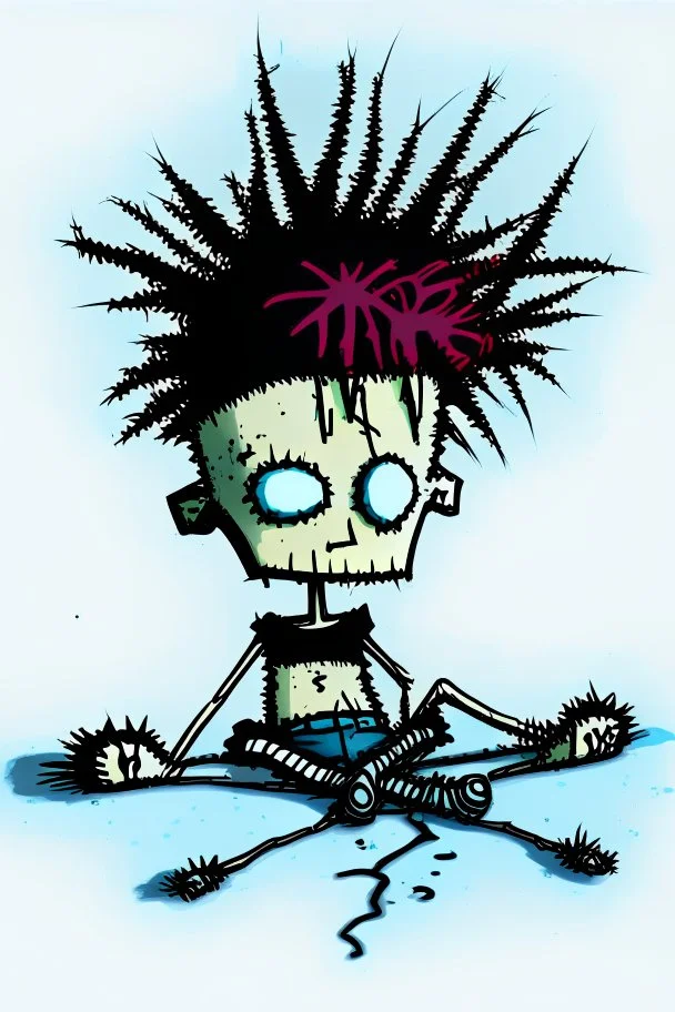 2d drawing of a stickman, cool with punk hair, x eyes like in hangman, laying flat on stomach,3d realistic in colour