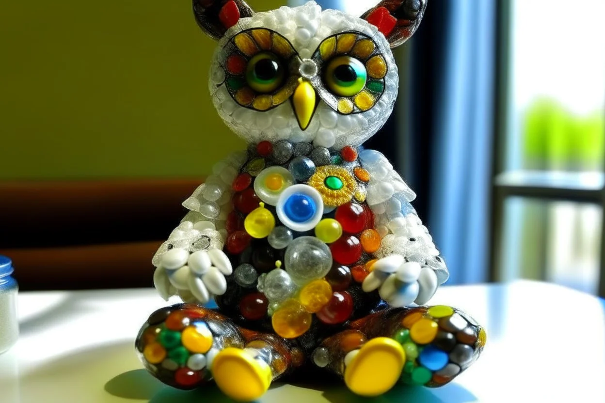 Owl nurse in nurse costume made of tyffany glass and gemstones spreading pills, she is wearing necklaces made of medicines in a hospital room in sunshine