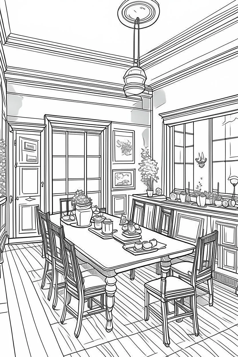 Outline art, house interior design, dining room, no shading, no lines, cartoon style, --ar 9:11