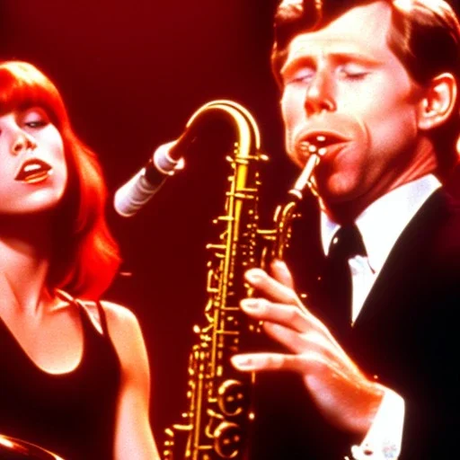 REd-haired Ron howard Is richie from happy days playing the saxophone with his "eyes closed", rock band, embouchure, joanie cunningham