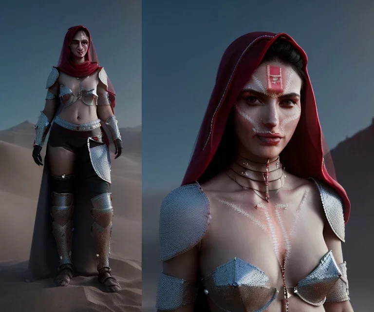 Animated, woman, Arabic face veil, red face paint, armor, choker, hands, gauntlets, x, sword, longsword, chainmail, red beads, desert, pyramid