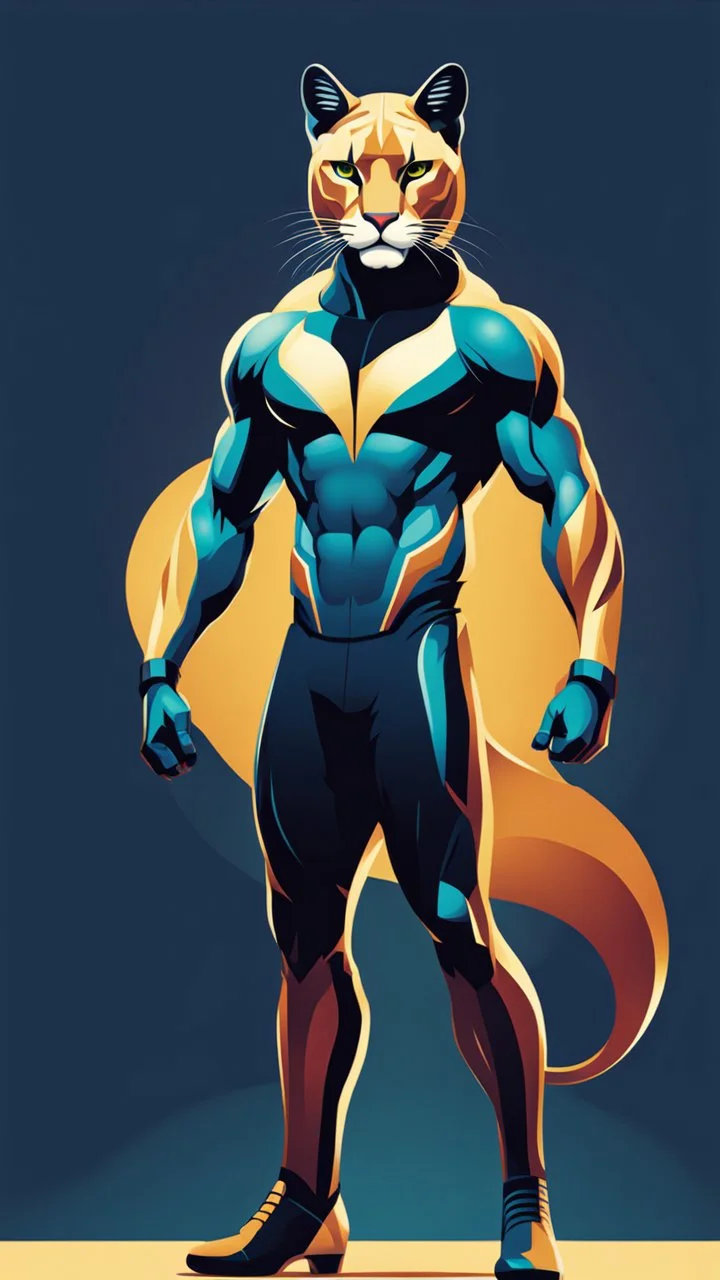 Full body Cougar man man with puma mask in his eyes art stylized illustration complementary colors quality ultra 12k