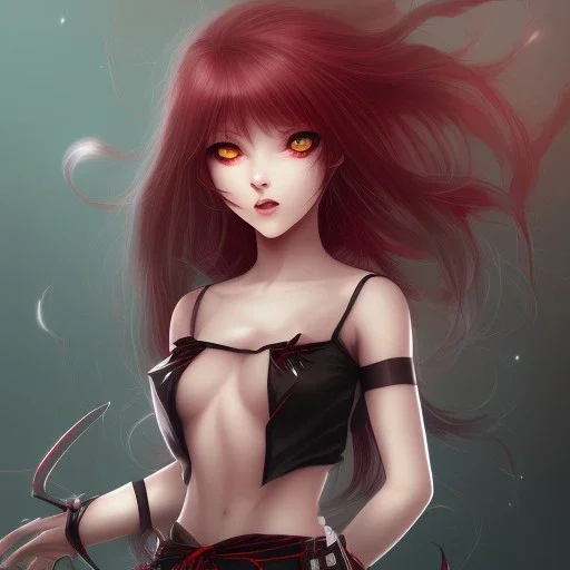 A lovely woman, An anime girl, black long hair, red eyes, red horns, black crop top, black shorts