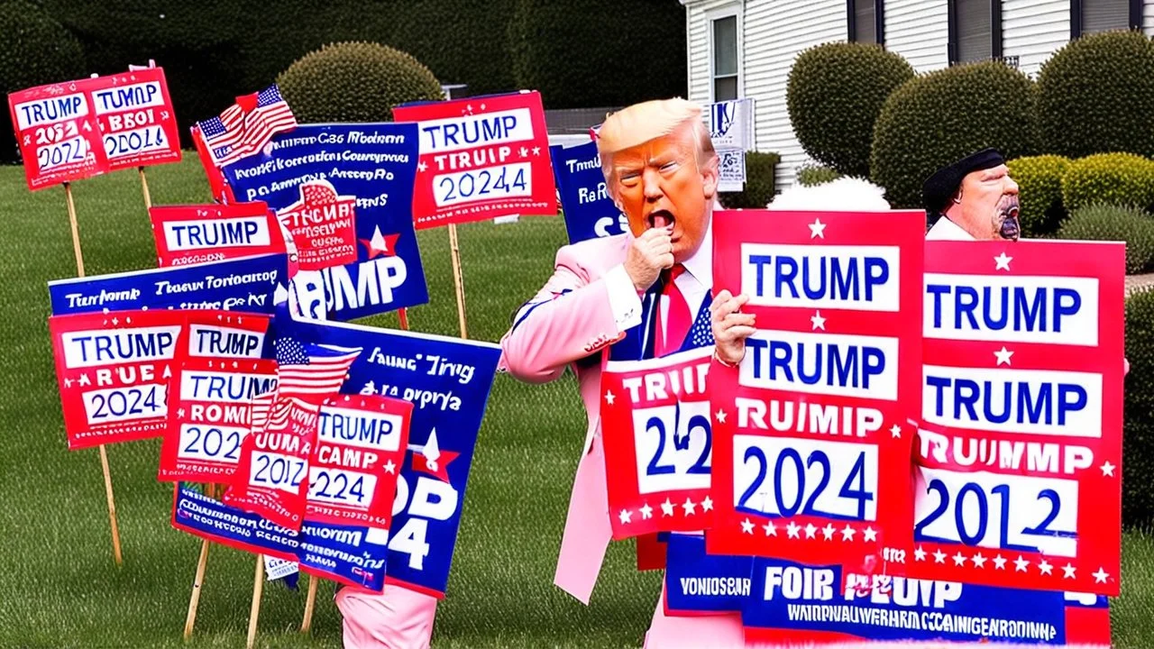 man in drag screaming on phone with trump 2024 campaign signs all over lawn