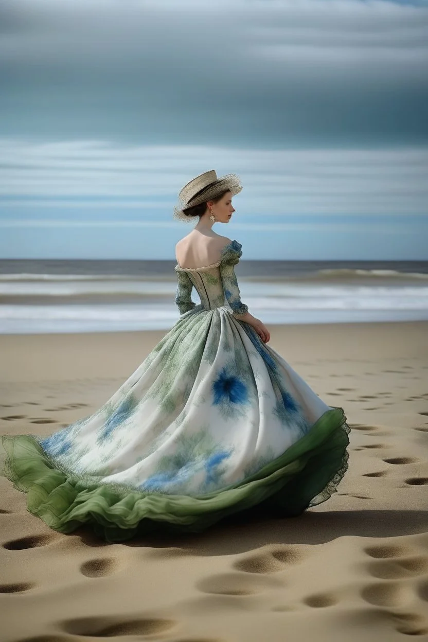 woman wearing a ball gown on the beach in the style of monet