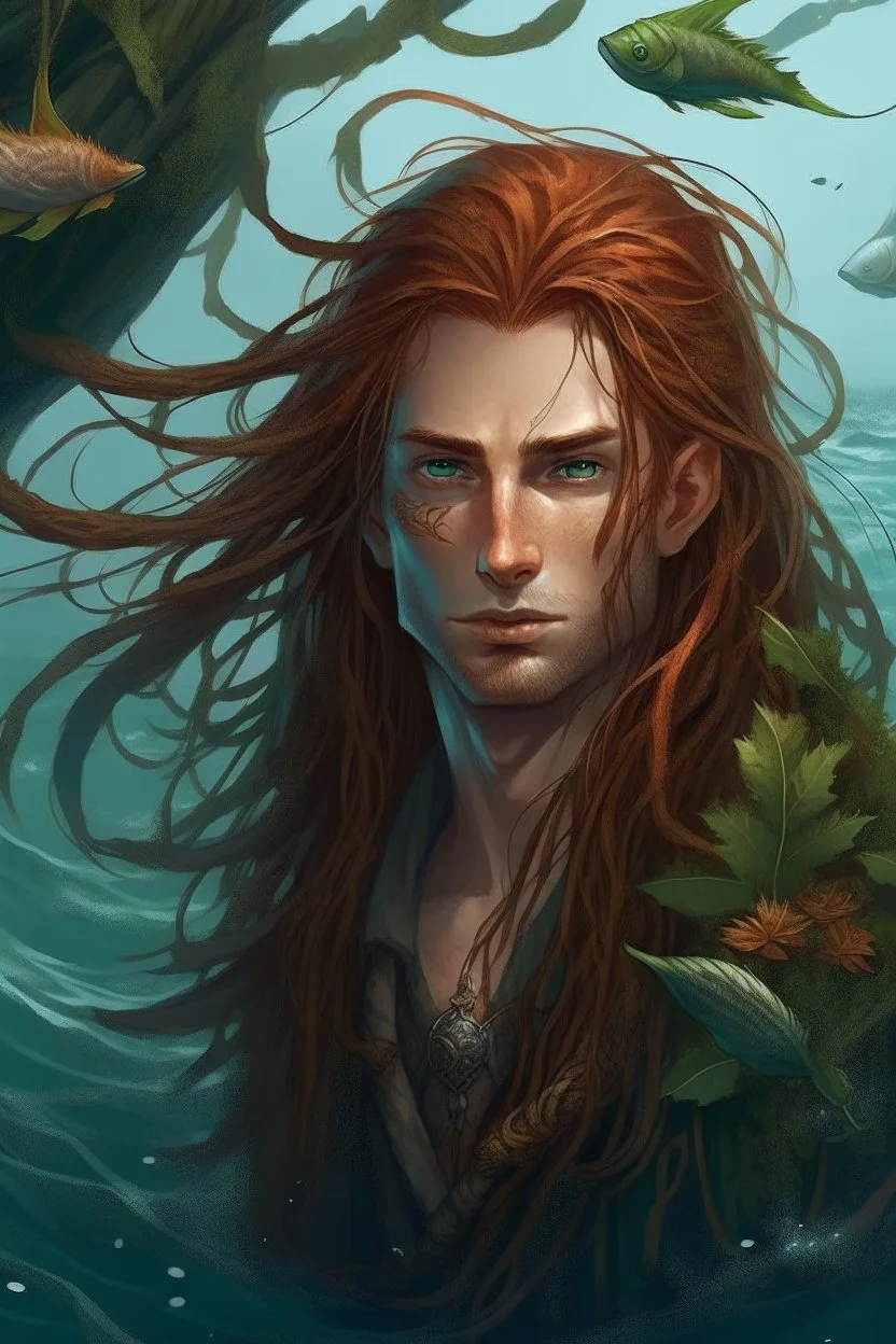 determined wet pirate nereid male with seaweed in long auburn hair