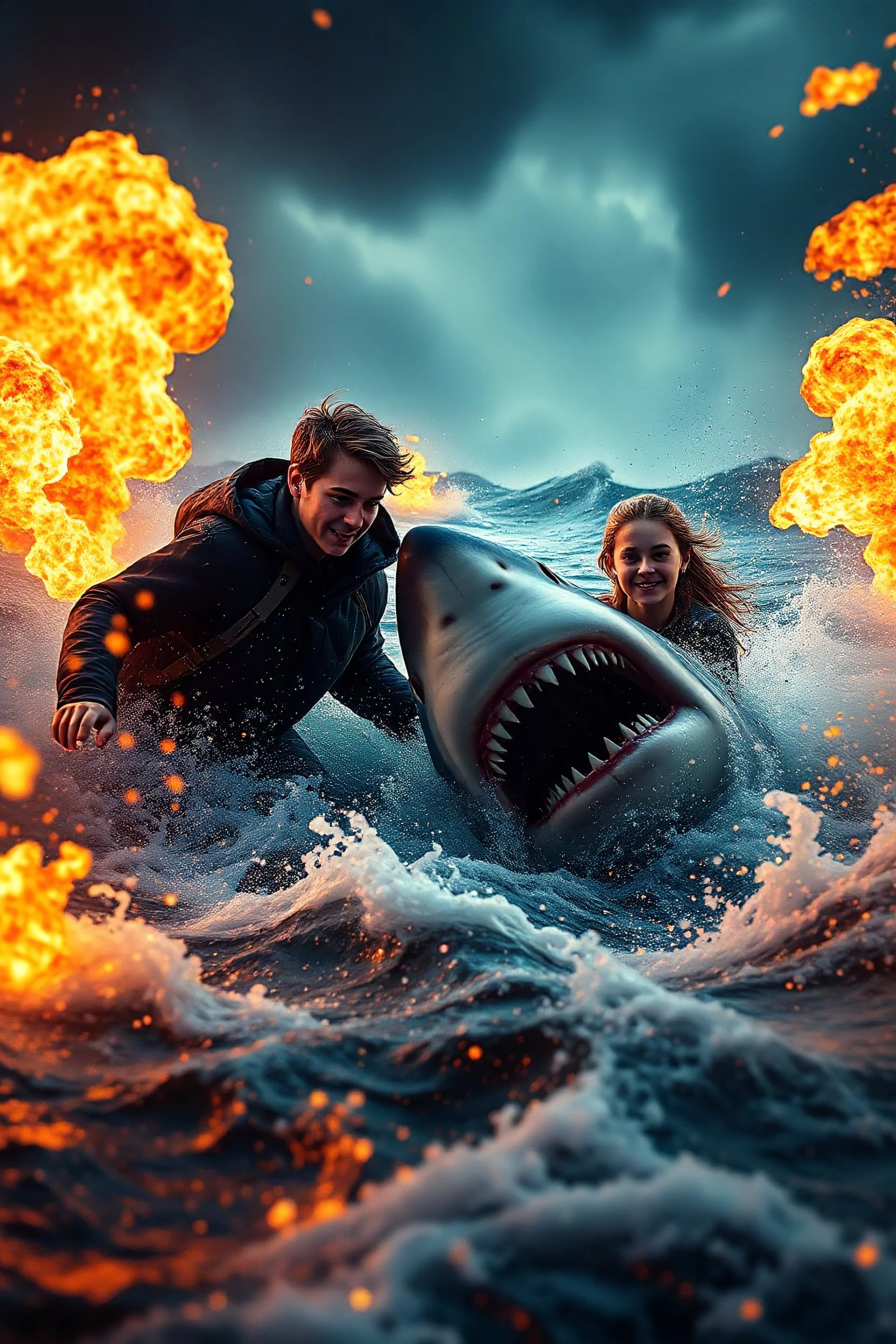 18-year-old Scott Kendall and 15-year-old Judi Ott emerging from a tumultuous sea amidst a stormy backdrop, locked in combat with a great white shark amidst a conflagration of fire and explosive effects, ambient lighting, professional composition, infused with a mix of elegance and futuristic aesthetics, ultra-realistic, mystical undertones, sharp focus capturing every water droplet and flame, rational placement of subjects within a cinematic frame, epic atmosphere,