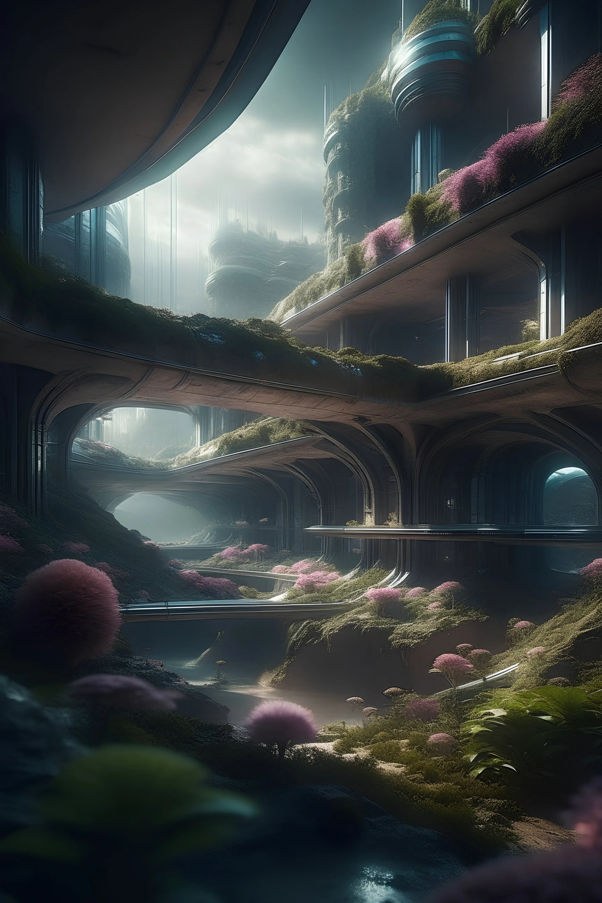 Une ville moderne futurist fleurie dans une grotte en format portrait