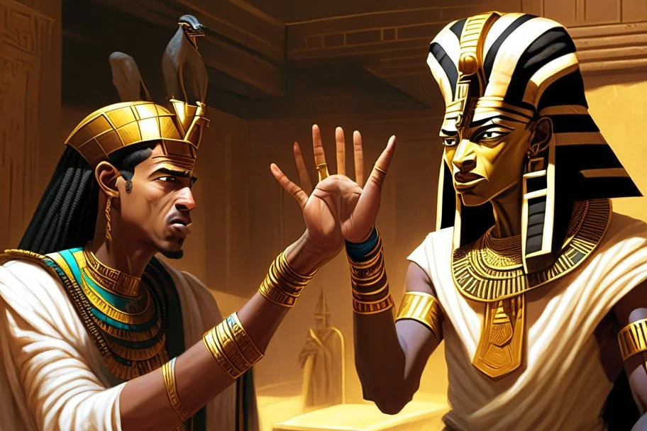 Pharaoh talks to his assistant, points his finger at him, and gives him orders