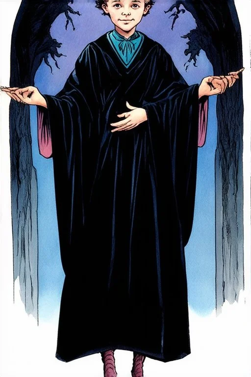 pallid 7 year old boy genie, necromancer, friendly,wearing black robes, with the lower body of a genie instead of legs, in the style of Harry Clarke