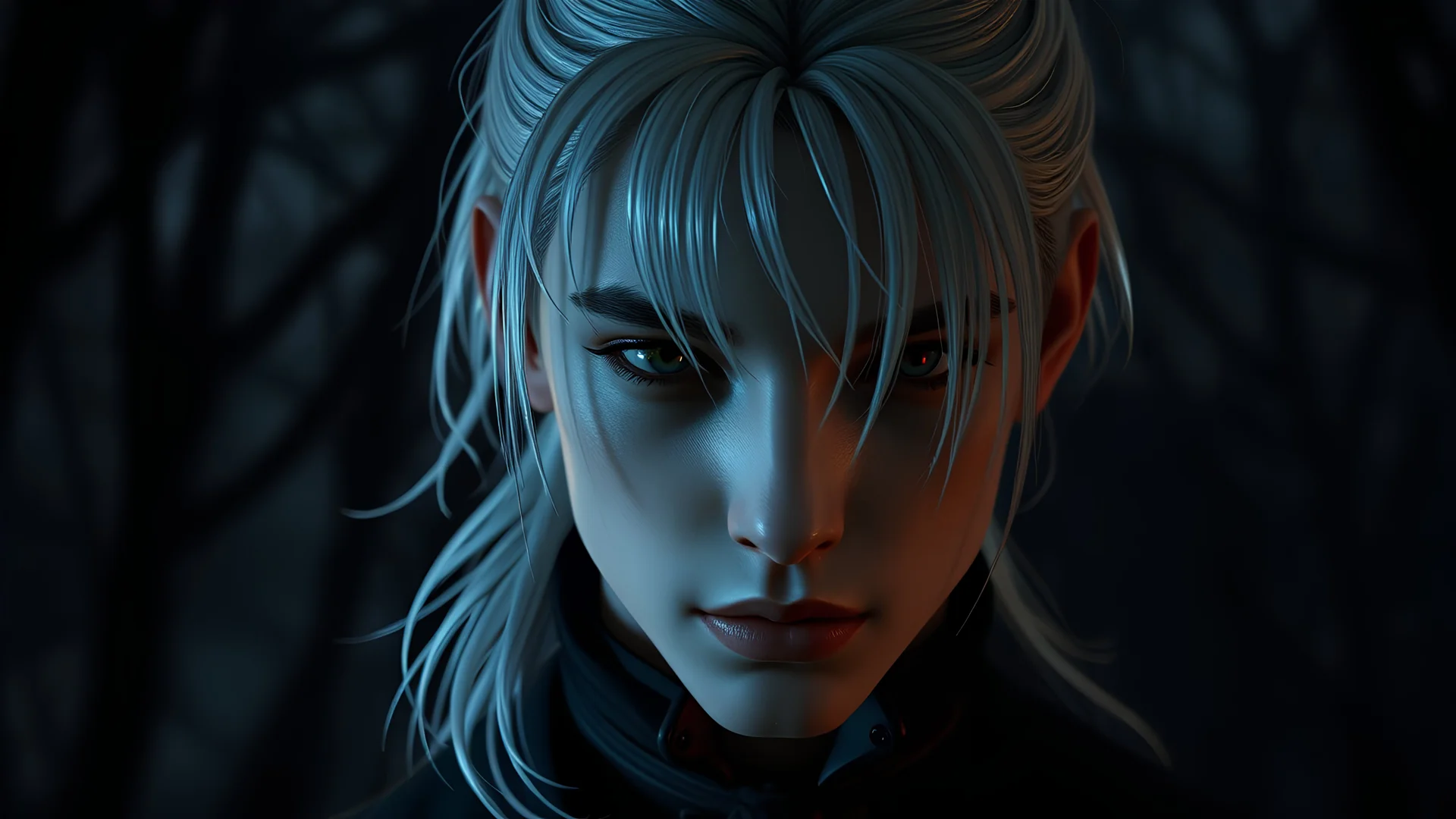 closeup young Victorian Vampire man, white ponytail hair, night, trees, mystical, eerie, dreamlike, glim light, hyperealistic, octane render, unreal engine, hyper detailed, volumetric lighting, in the style of Jean Baptiste Monge, realism, personification, dramatic lighting, 8K, clear details