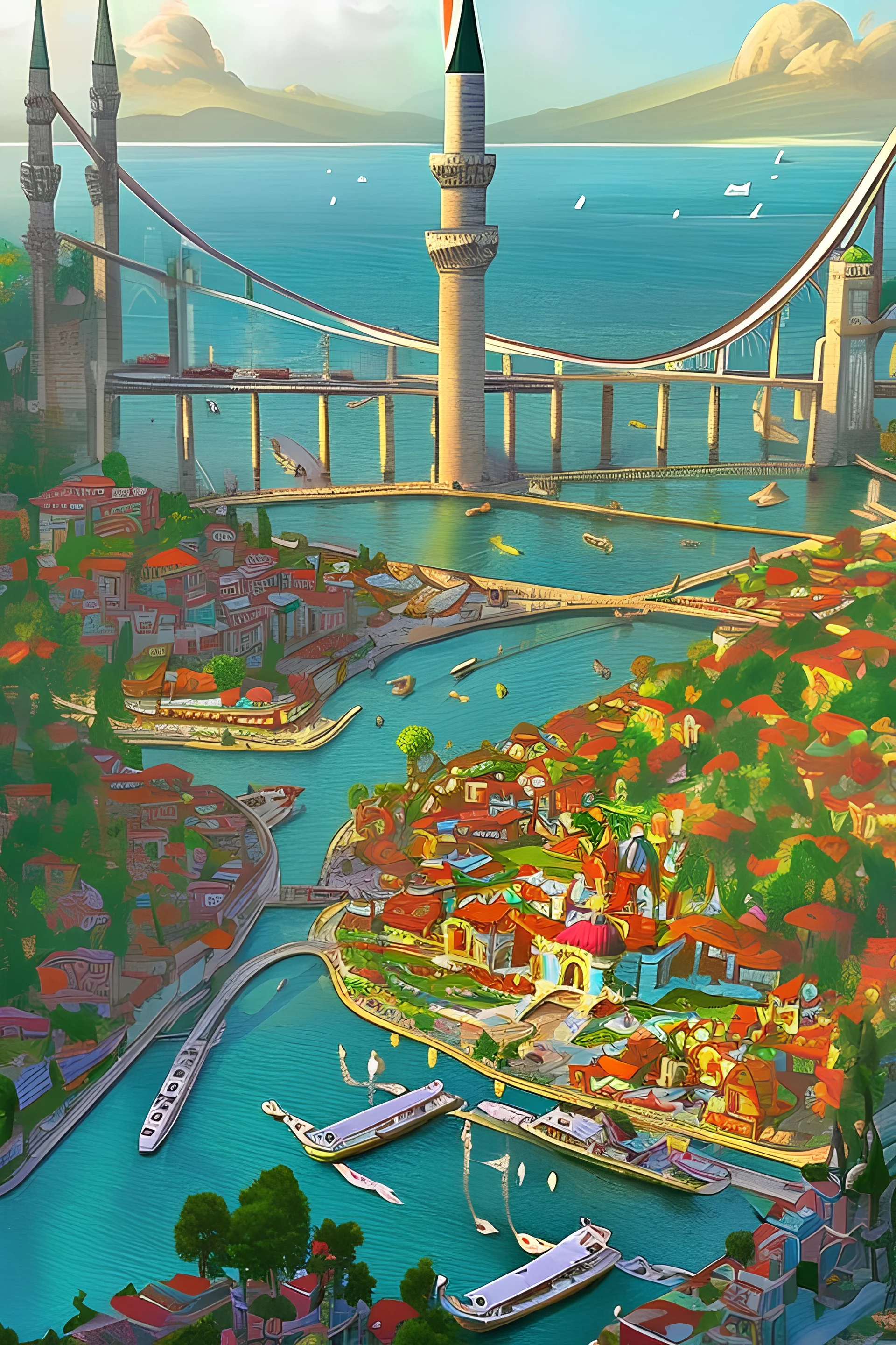 Imagine an alternate reality where Istanbul is a city of floating islands, connected by bridges made of rainbows and inhabited by whimsical characters from different folklore traditions
