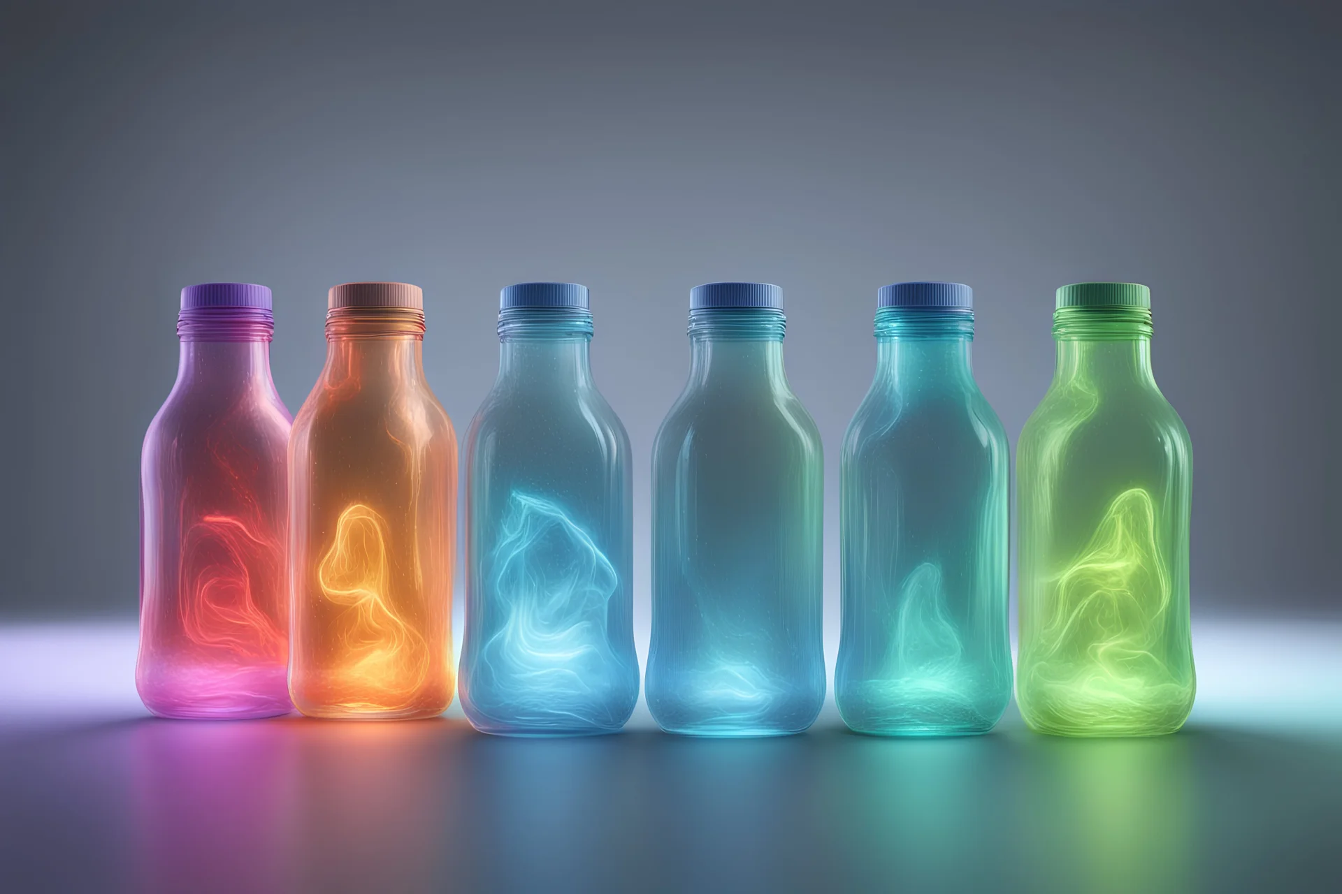 detail shot of 4 plastic bottles, 3 on the left side one on the right side, hyperrealistic 16k, 3d rendering, expressively detailed, dynamic light, neon lighting,