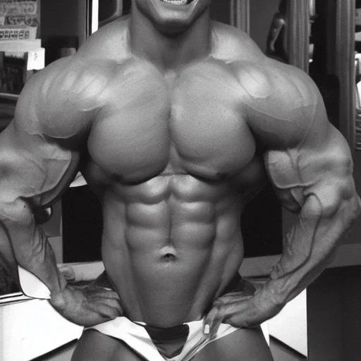 Male, steroid, bodybuilder, super heavy weight, massive, handsome, beautiful, front view, shredded, smile, poser face, handsome, v taper, over developed pecs, rouged, super heavy weight bodybuilder, Mr olympia, go model, male model, twenty-five years old, White man, tight waist, bathing suit