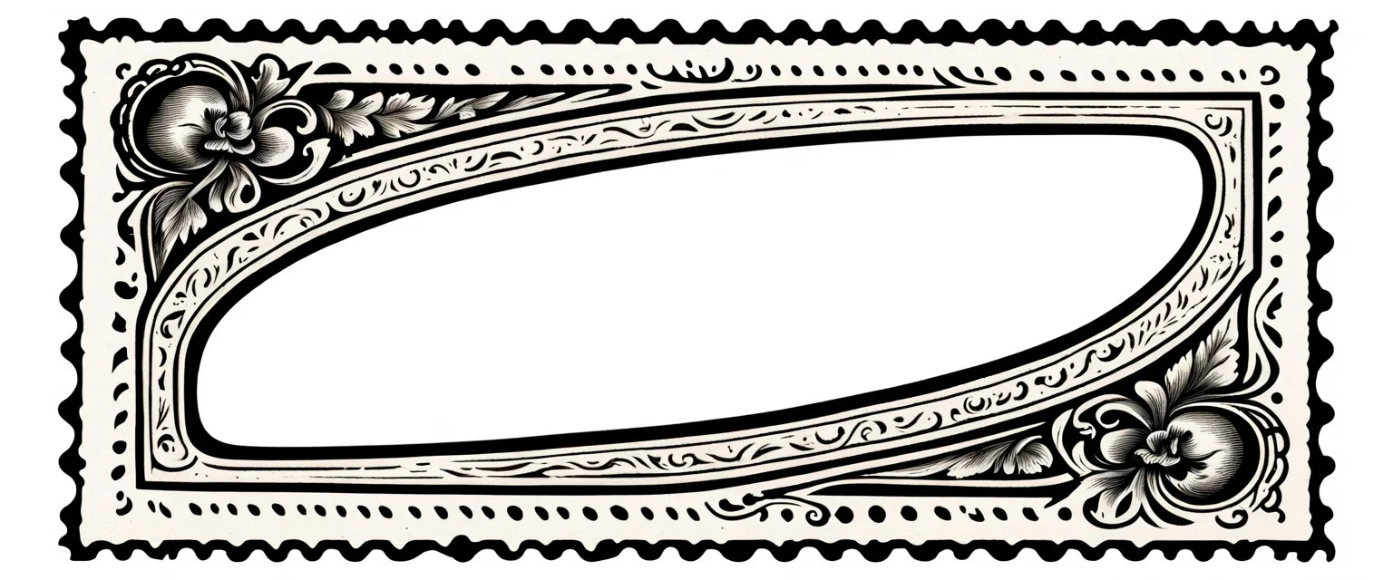 an old engraved stamp with decorative corner elements in the top left and bottom right. add extra elements and color from antique printing