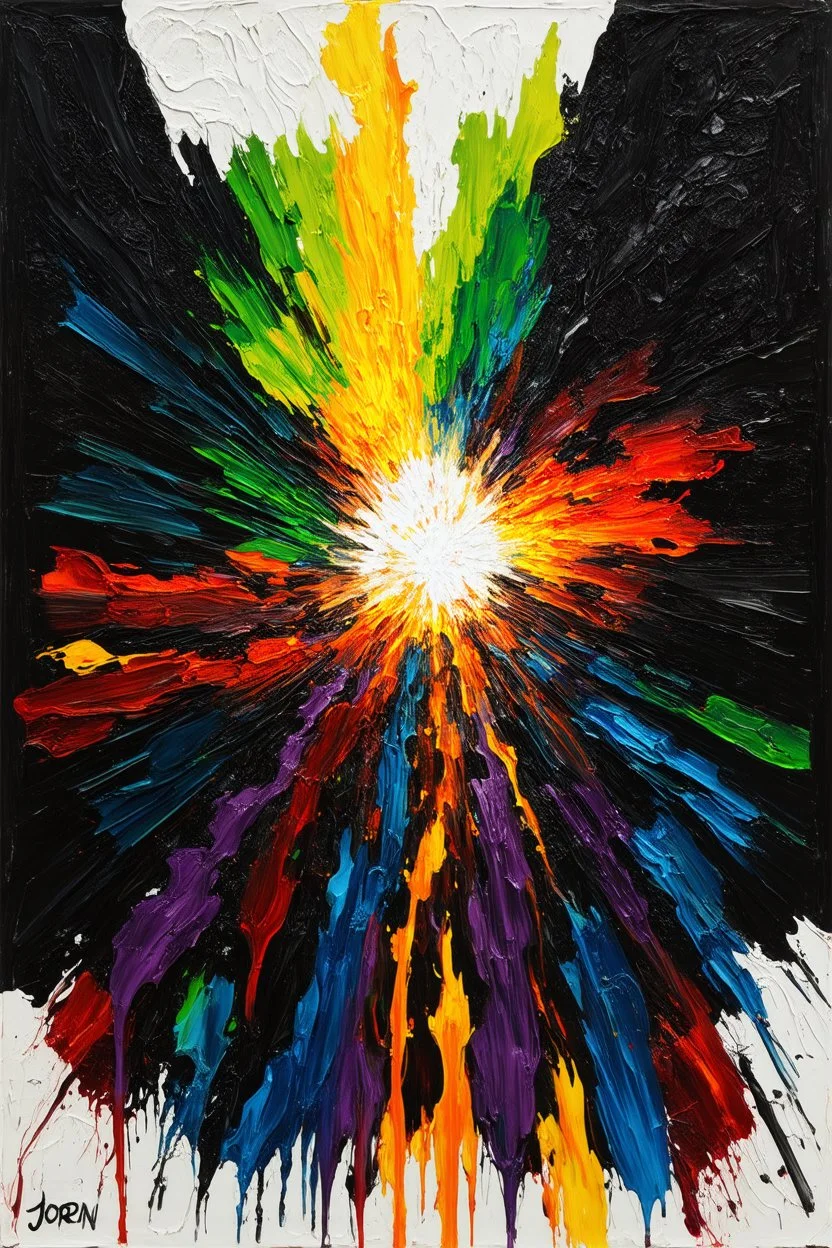 The dark before the dawn is painted in Jorn’s raw, gestural style. The jagged, white-hot big bang slicing through the darkness creates a dynamic focal point, symbolizing the relentless beginning of time. The division between creation (organic, dripping greens, yellows, and blues) and destruction (fiery, scratched reds, oranges, and blacks) sets up a cosmic tension, while the neon fractal energy strands—twisting like DNA—bridge these realms, pulsing with vibrant blues, purples, and greens. The ge