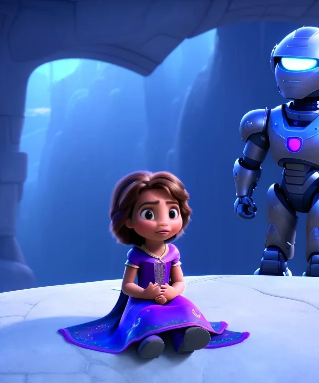 little girl sitting inside a big robot suit, white and purple