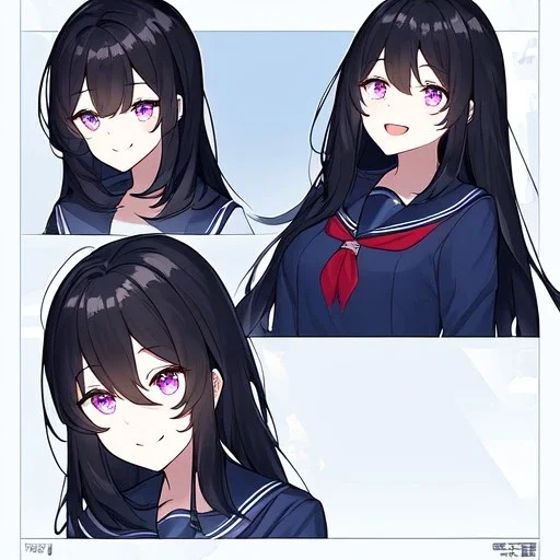 Clear focus,8k,Beatiful Lighting,Beatiful Blur,Beatiful Face,Beatiful Shading,Black long hair,silky hair, long silky bangs, Purple eyes, wearing a sailor uniform outfit, Hair in eyes, lot of hair, Line art, Happy, Smiling