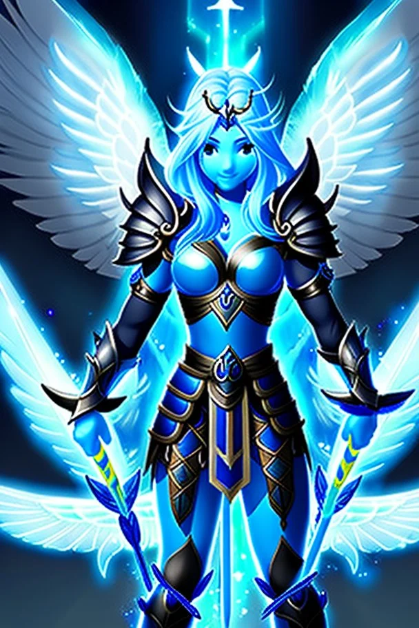 a person in runic armor with blue wings, blue short hair, runic tattoo and spell book