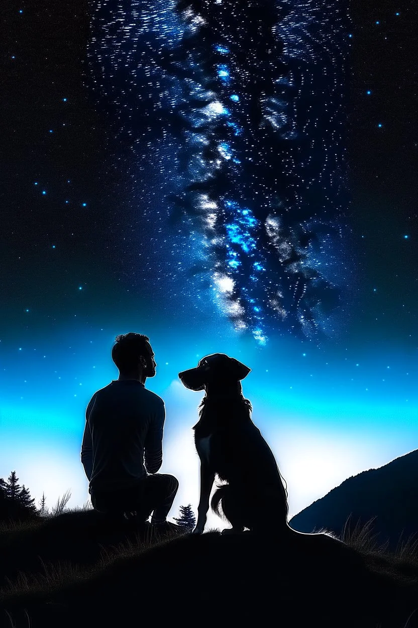 Black background on a mountaintop. A silhouette of a fit human man and a silhouette of a fit human woman sitting close to each other, looking at the stars. A large dog is in the photo behind the woman and the man.