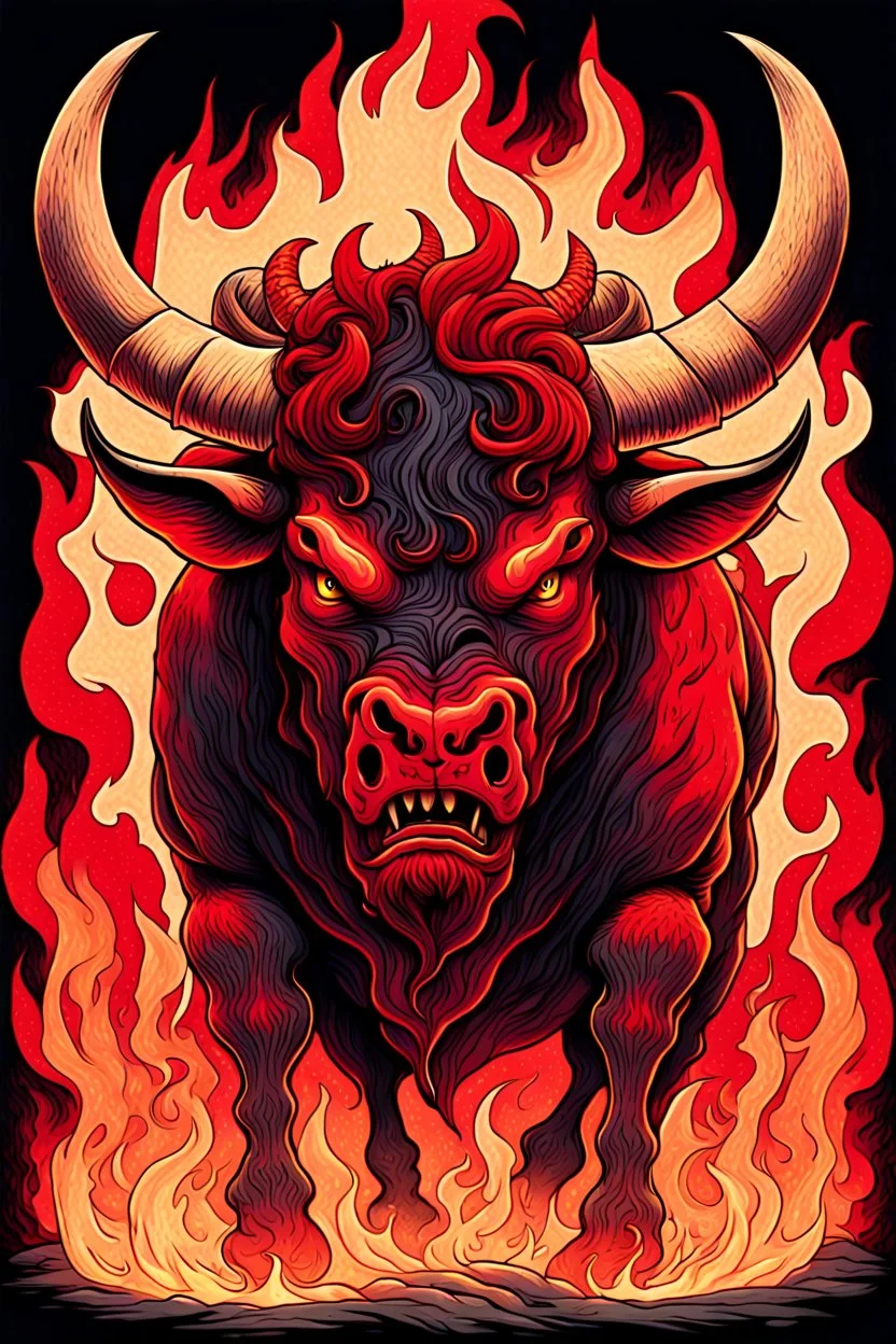 Vintage illustration of a demonic and magical brutal and angry bull made of red flames and fire, savage and obstreperous nature, Tsuguyuki Kubo art, Topcraft, vintage storybook illustration style, ornamental, fantasy folk art, psychedelic theme, inspires by 70s Japanese anime, early Studio Ghibli, fantasy animation cartoon, last unicorn